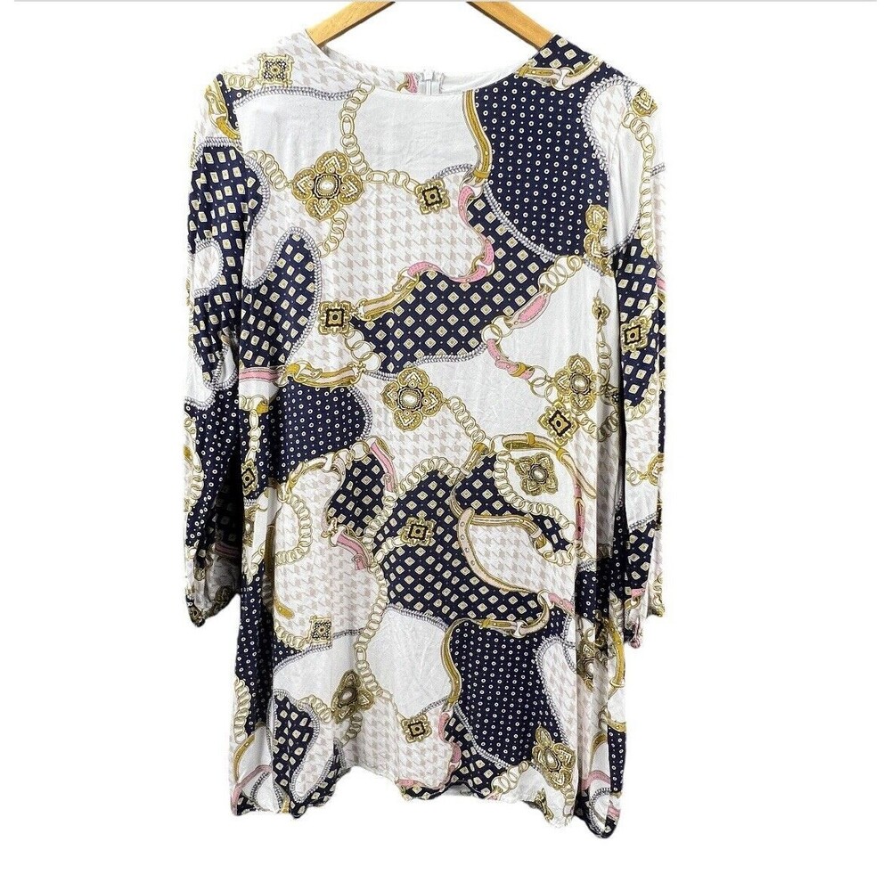 Womens Midi Dress Blouse Medium All Over Print Lined‎ Zip Back Bohemian Flowy